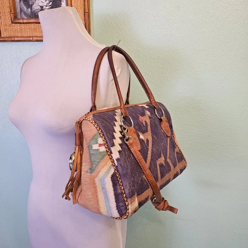 Southwestern Woven Tapestry Leather‎ Crossbody Satchel Weekender Boho Aztec Bag